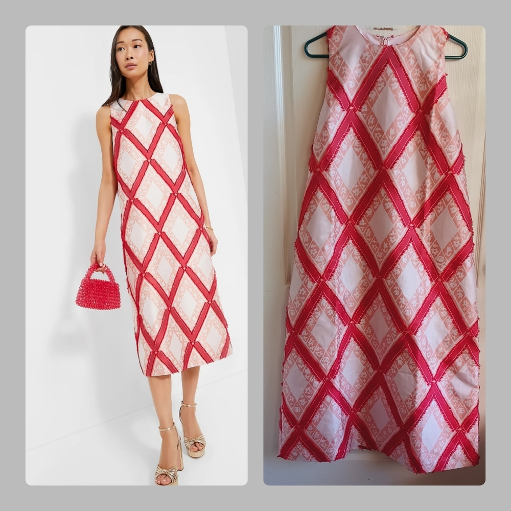 Tuckernuck Vermillion Trellis Fil Coupe Francine Dress shift tea dress L